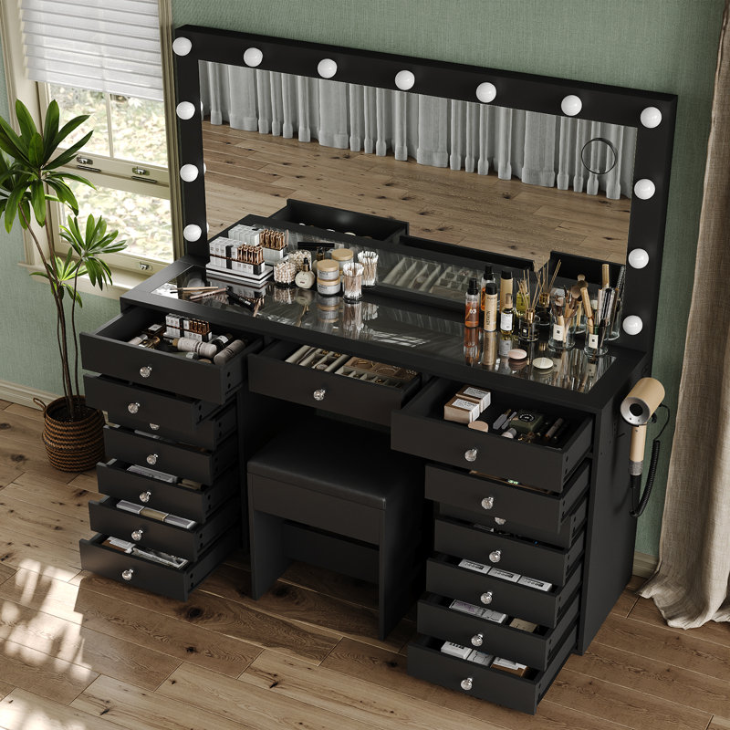 Bureau de coiffeuse 15 tiroirs, coiffeuse de maquillage avec station de charge, coiffeuse avec miroir éclairé, 3 modes d'éclairage, luminosité réglable, plateau en verre, coiffeuse avec fauteuil