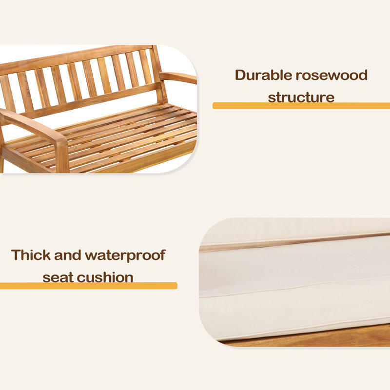 2-Piece Outdoor Teak Acacia Wood Conversation Set - Loveseat & Coffee Table With Water-Resistant Cushions, Beige
