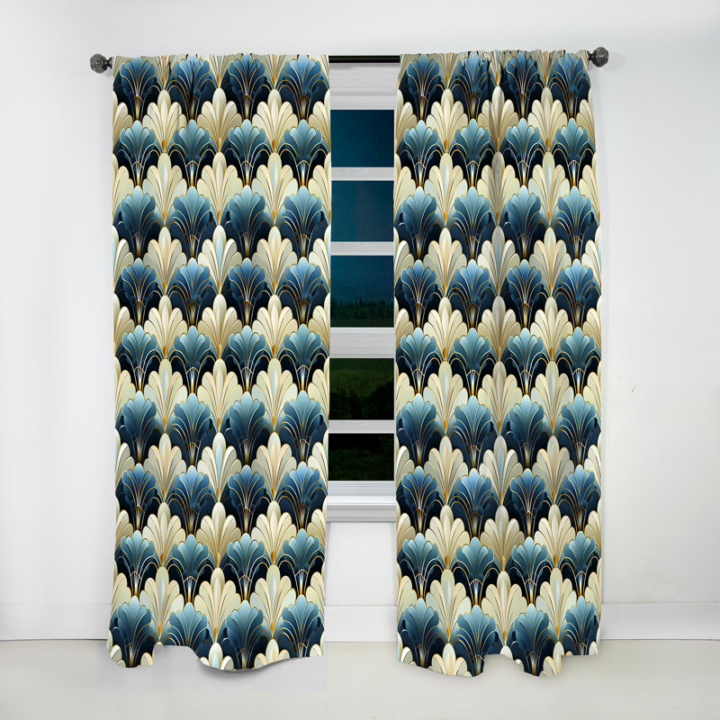 1970s Blue And Beige Damask Art Deco - Damask Curtain - Velvet Room Darkening - 1 panel, 52" W x 108" L