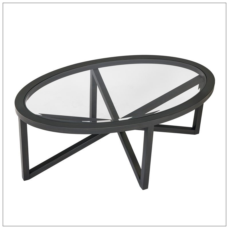 Glass Coffee Table with Solid Wood Base, Black, 18.1" H x 46" L x 28.34" W