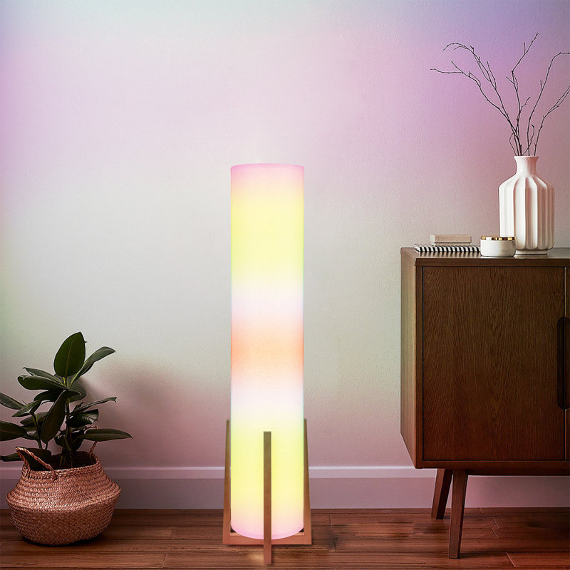 48" Tall Led Floor Lamp With Wood Frame, Fabric Floor Lamp Modern Design For Bedroom, Decorative Tower Shade Lamp For Living Rooms & Offices