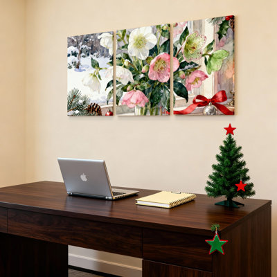 Ensemble de 3 toiles murales sur châssis, motif floral hivernal et éléments de Noël