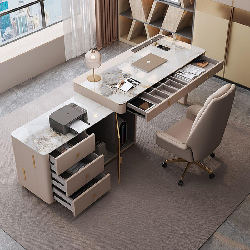 Bureau 5 tiroirs kaki + doré fritté en L + bois massif + acier inoxydable, H 29,53 po x l 55,12 po x P 39,37 po