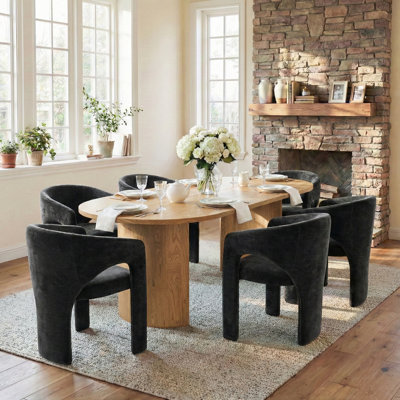 7 Piece Modern Dining Set With 79" Oak Oval Pedestal Table & 6 Sculptural Wide-Seat Arm Chairs