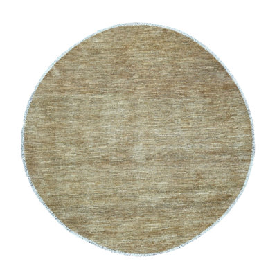 Tapis oriental rond brun kaki 6 pi x 6 pi, uni uni, en laine Ghazni filée à la main, luxuriante et moelleuse