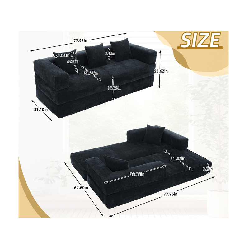 Canapé-lit convertible, canapé de plancher pliable sans assemblage, Noir