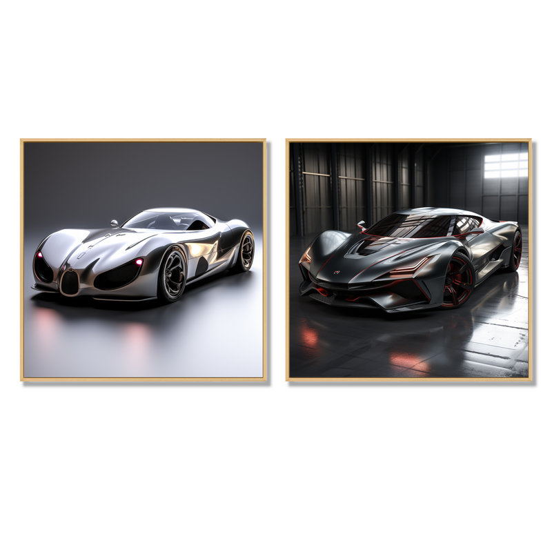 «Silver Car», ensemble de 2 reproductions d'art mural exotiques, Encadrement brun, H 36 po x l 73 po x P 1,5 po