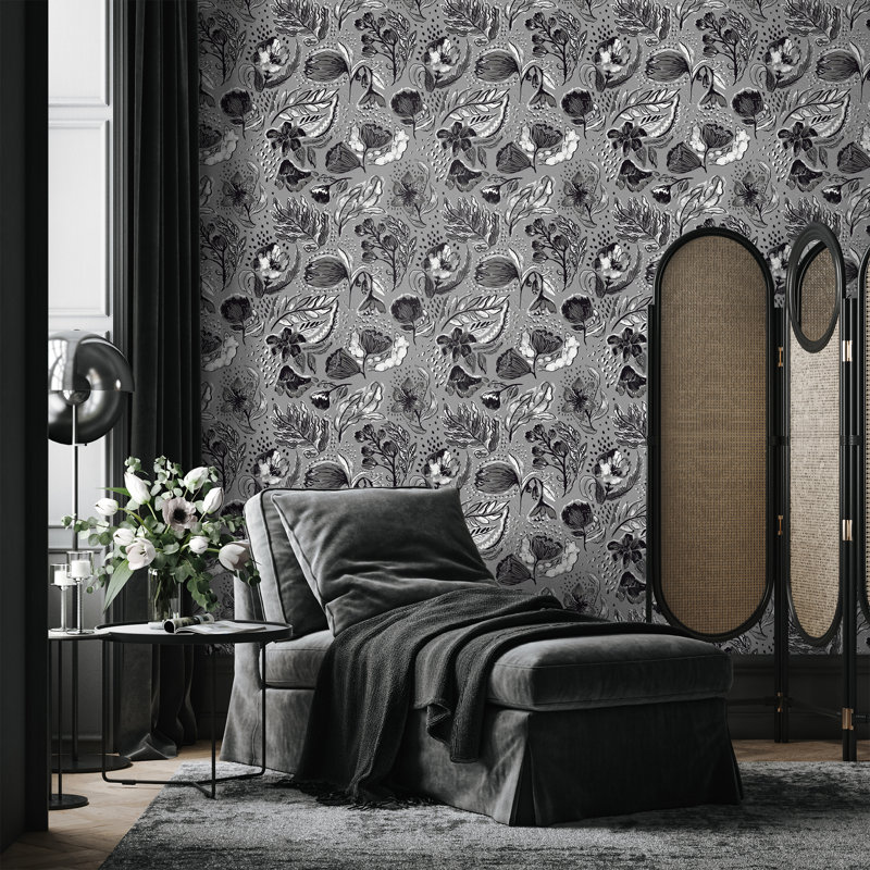 Pepper Embossed Wild Flower Felice Wallpaper Roll, Black