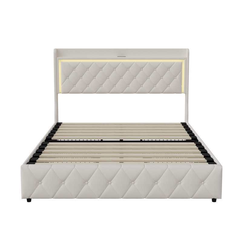 Velvet Storage Bed With 4 Drawers & LED Headboard, Upholstered Frame With USB-C Port, European Double & King, Beige