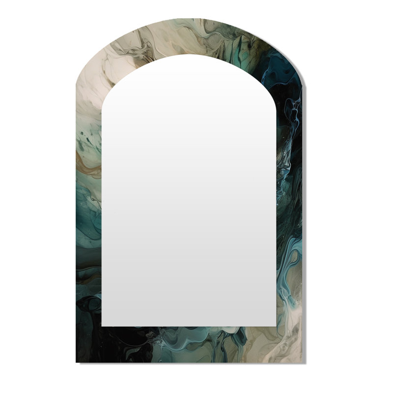 Green Black Inner Worlds Of Marble I - Geometric Asymmetrical Decorative Mirror, Modern Arch Wall Mirror, Printed Metal Art