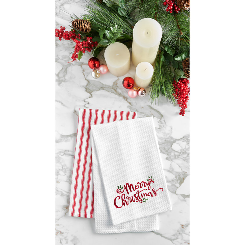 Merry Christmas Holly Leaves Waffle Weave Cotton Kitchen Towel