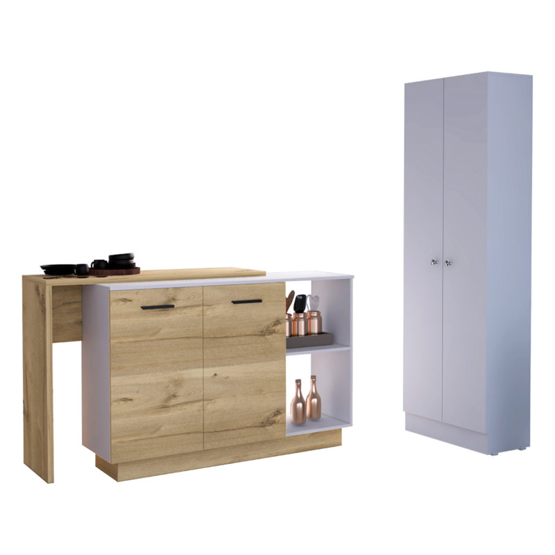 2 Kitchen In White & Oak. Island For Culinary Prep Work. Pantry Cabinet With Robust Storage Capacity Oak - Two. Meal Duties. Spacious Cookware