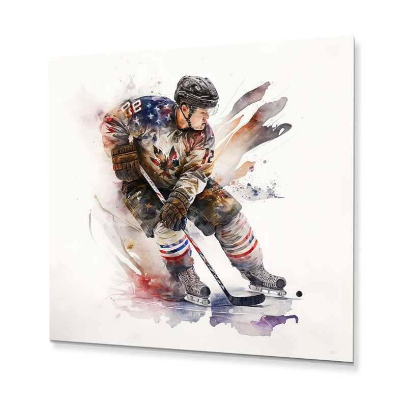 Joueur de hockey américain en action I - Décoration murale moderne en métal, H 16 po x l 16 po x P 1 po