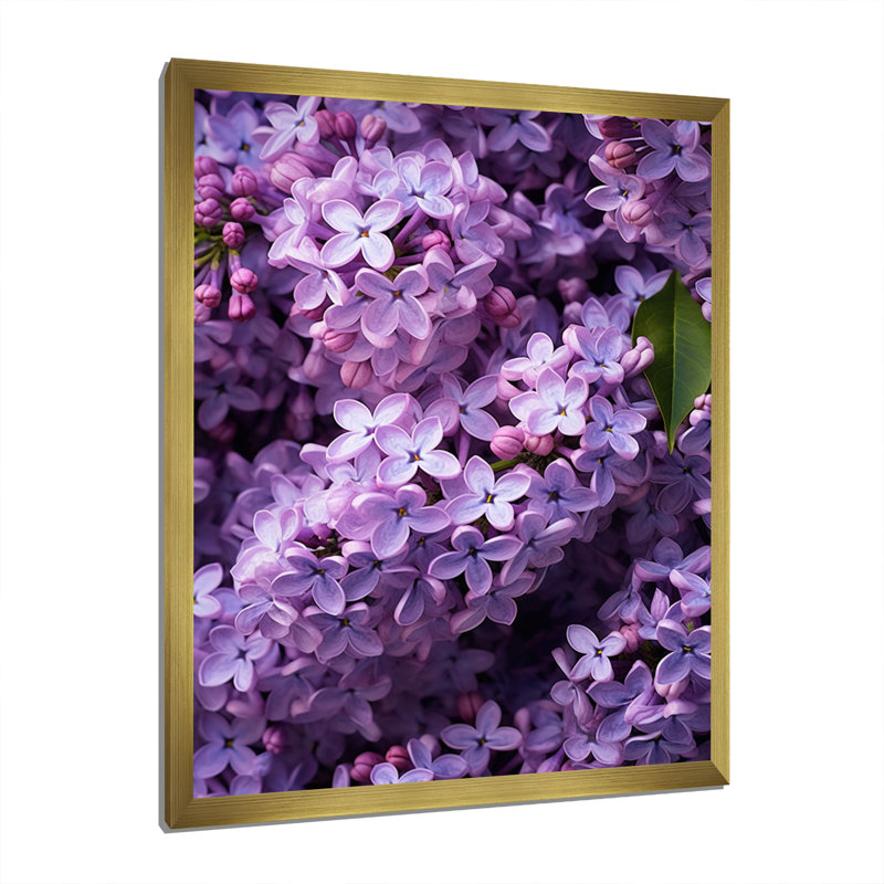 Fleurs mauves lilas mauves sur toile, Encadrement doré, H 40 po x l 30 po x P 1,5 po