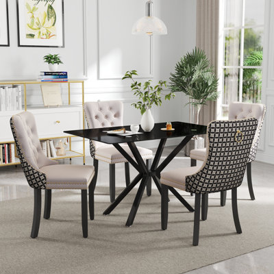 Modern Rectangle Tempered Glass Pedestal Dining Set with Velvet Tufted Dininig Chair
