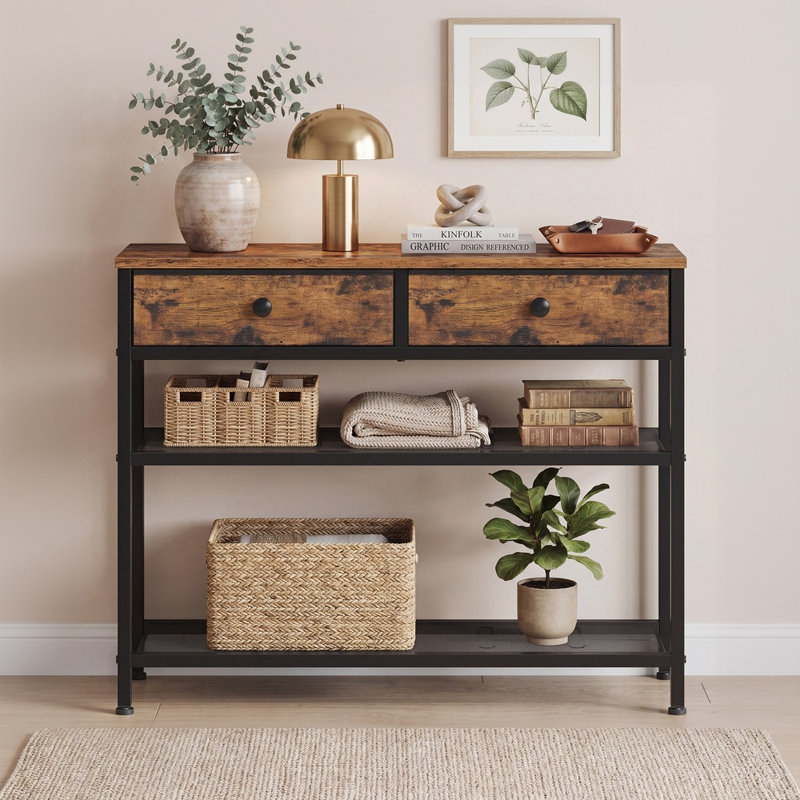 Narrow Console Sofa Table with Two Mesh Storage Shelves