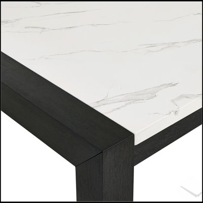 Contemporary White Faux Marble Dining Table with Solid Wood Veneer, Black Finish Legs, and Standard Height for Elegant Dining