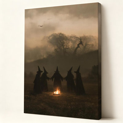 Sorcières autour d'un feu dans une forêt brumeuse, tableau sur toile tendue sur châssis, ambiance sombre fantastique d'Halloween, 61 cm x 91 cm, prêt à accrocher