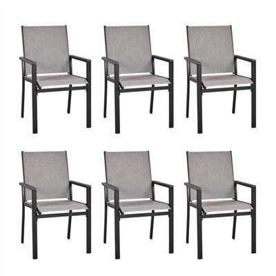 Ensemble de 6 chaises de patio d'extérieur confortables, à dossier haut avec fer noir et tissu textilène gris, chaise de patio durable de 350 lb pour la pelouse, le jardin, la cour et la terrasse