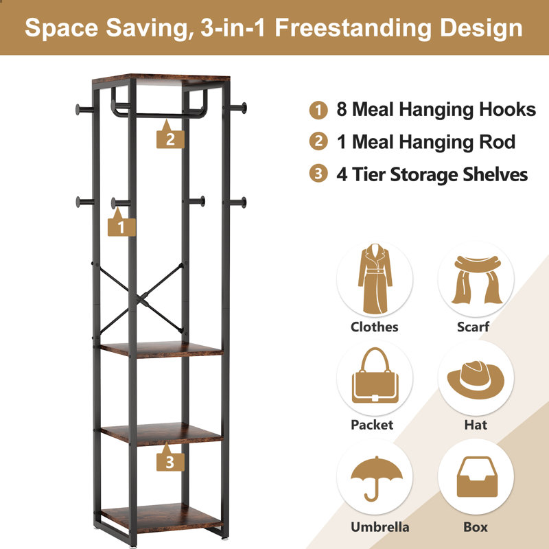 Reelika 15.75'' Wide 8 - Hook Freestanding Coat Rack with Storage in Brown/Black