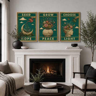 Seed Hope Grow Peace Choose Light Surreal Floral Quote Artwork, Bedroom Pictures, Framed Canvas Giclee Print 3 Pieces Wall Art - 16"x24"x3pcs
