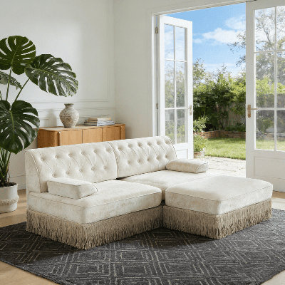 Canapé Chesterfield en L en velours avec jupe à pampilles - respirant et confortable, accoudoirs carrés légèrement incurvés, base en bois massif, conception modulaire pour le salon ou la chambre à coucher - Assemblage facile
