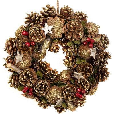 Christmas Hanging Wreath Large - Festive Pine Cone Display with Gold Frosting