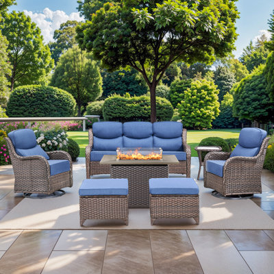 High Back Outdoor Furniture With 6-Inch Extra Thick Cushions, Patio Furniture Set With Fire Pit Table & Swivel Chairs, 7 PCS Wicker Conversation Set For Yard, Deck, Poolside