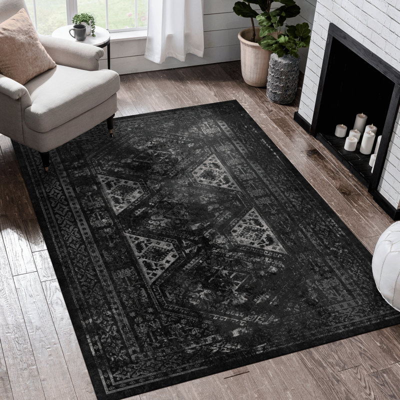 Tapis lavable 8 x 10, antidérapant, antitache, antidérapant, pour couloir, salon pliable, tapis noir / gris, à poils courts,