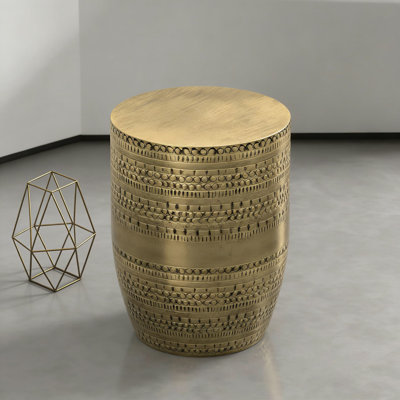 Johnsen Tribal Accent Table - Round Metal Drum Side Table With Embossed Tribal Pattern, Boho Modern Design For Living Room, Fully Assembled