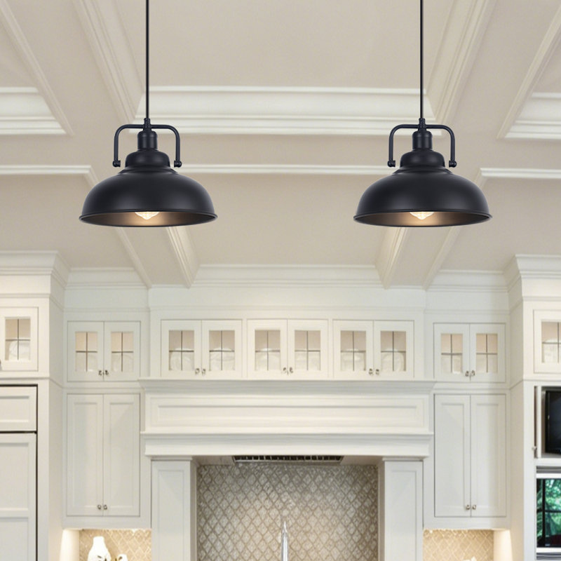 2-Light 11.4" Black Farmhouse Pendant Light, Modern Adjustable Height Hanging Fixture for Kitchen Island, Black