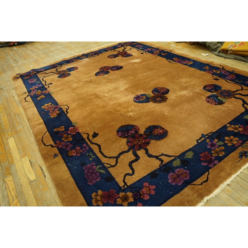 Antique Art Deco Room Size Wool Blue, Yellow / Gold / Orange Rug
