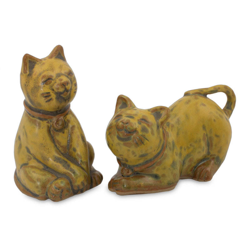 Ensemble de 2 figurines en céramique Sœurs félines Chatillon, Jaune