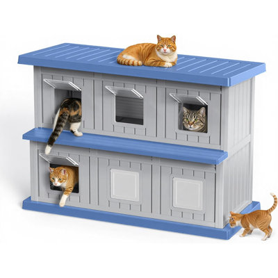 Outdoor Cat House Weatherproof, Large Outside Feral Cat Houses For Outdoor Cats, Double-Decker Cat Shelter With Adjustable Window & Balcony, Easy To Clean (Blue, 51.97"*26.42"*37.28")