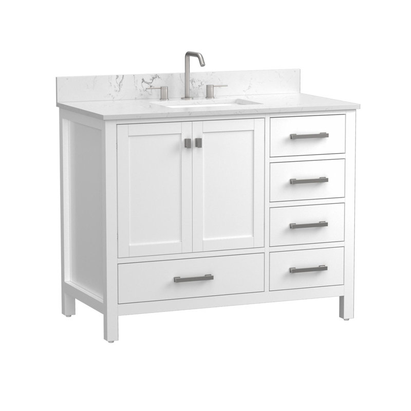 Meuble-lavabo autoportant avec rangement à fermeture en douceur, 42", Argent, Blanc