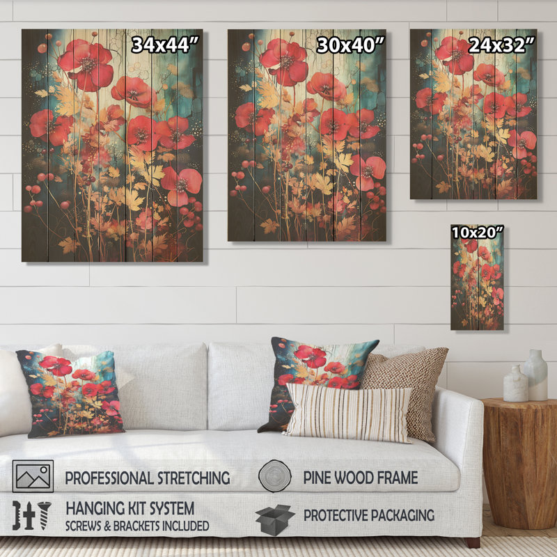 «Red Enchanted Floral Botanicals Garden» - botaniques sur bois, H 20 po x l 10 po