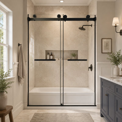 Porte de douche coulissante double sans cadre l 44 à 48 po x H 74 po, verre trempé 5/16 po, noir mat