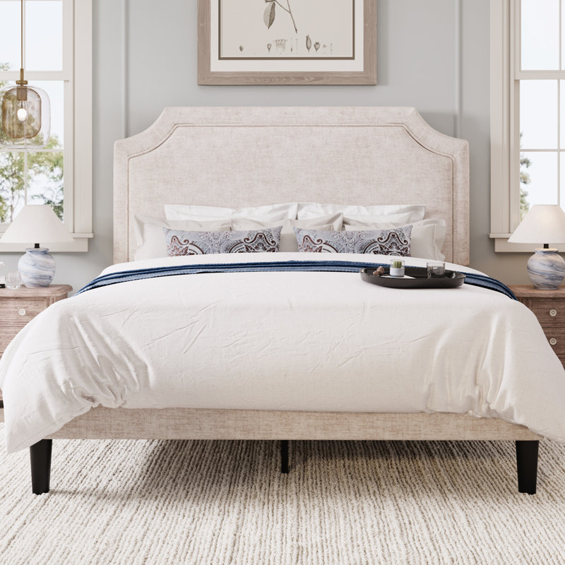 Modern Upholstered Platform Bed Frame With Adjustable Headboard, Beige, Queen