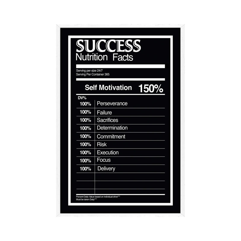 Nutrition Facts Success - BW - Print on Canvas, 101.6cm H x 66.04cm W x 3.81cm D, White Framed