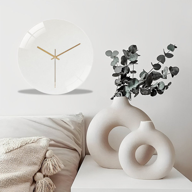12" Round Tempered Glass Wall Clock with Silent Quartz Movement, Minimal Matte Finish