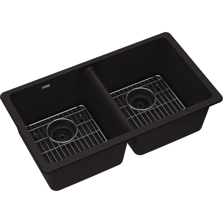 Quartz 33" x 18-1/2" x 9-1/2" Double Basin Undermount Kitchen Sink with Basket Strainer