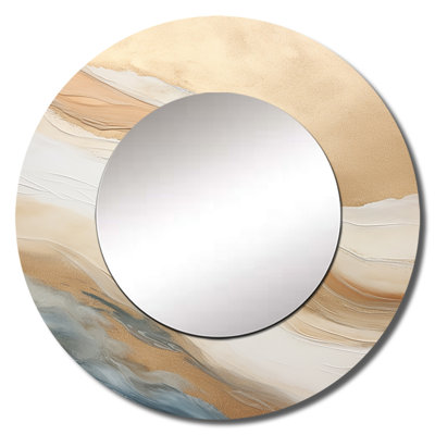 Gold And Blue Beach Sand Fusion - Abstract Shapes Decorative Mirror, Beige Large Round Wall Mirror, Printed Metal Art