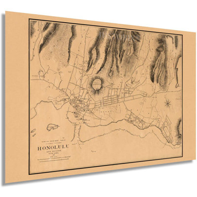 «Vintage 1887 Honolulu Hawaii Map Poster», reproduction d'art graphique sur papier sans cadre