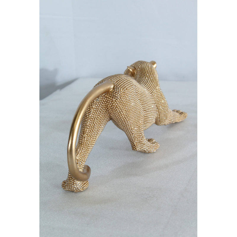 Nifao Stretching Panther Black Resin Sculpture with Beaded Texture - Luxury Designer Animal Décor - 15" x 4" x 6"H, Gold