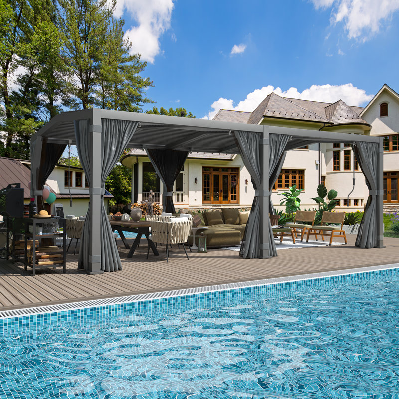 Pergola à persiennes l 12 pi x P 20 pi - Cadre en A en aluminium avec toit incliné réglable anti-pluie, drainage dissimulé, rideaux imperméables et moustiquaire - gris foncé