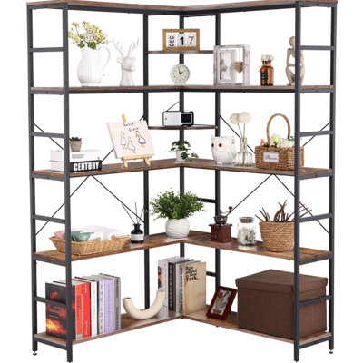Bibliothèque d'angle à 5 niveaux, étagères industrielles, bibliothèque en forme de L avec rangement et structure en métal robuste pour le bureau de la chambre à coucher