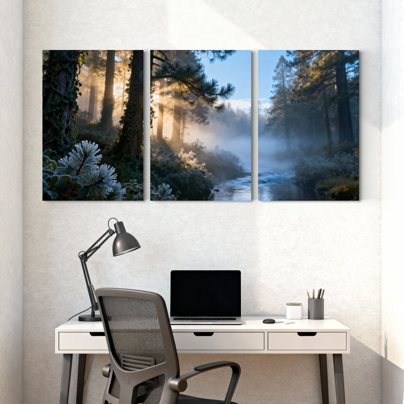Scénario et paysages urbains Sunlit Forest Stream Misty Morning Glow, ensemble de 3 impressions sur toile, H 18 po x l 36 po