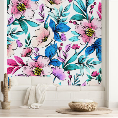Panneau de papier peint à motif floral L 8,33 po x l 100 po Blue Leaves