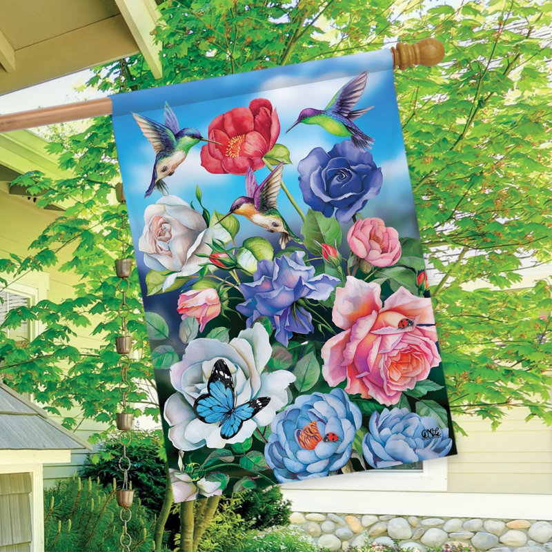 Drapeau maison colibri et roses