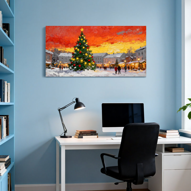 Arbre de Noël, ville enneigée, coucher de soleil, lumières, marché de personnes, H 16 po x l 32 po